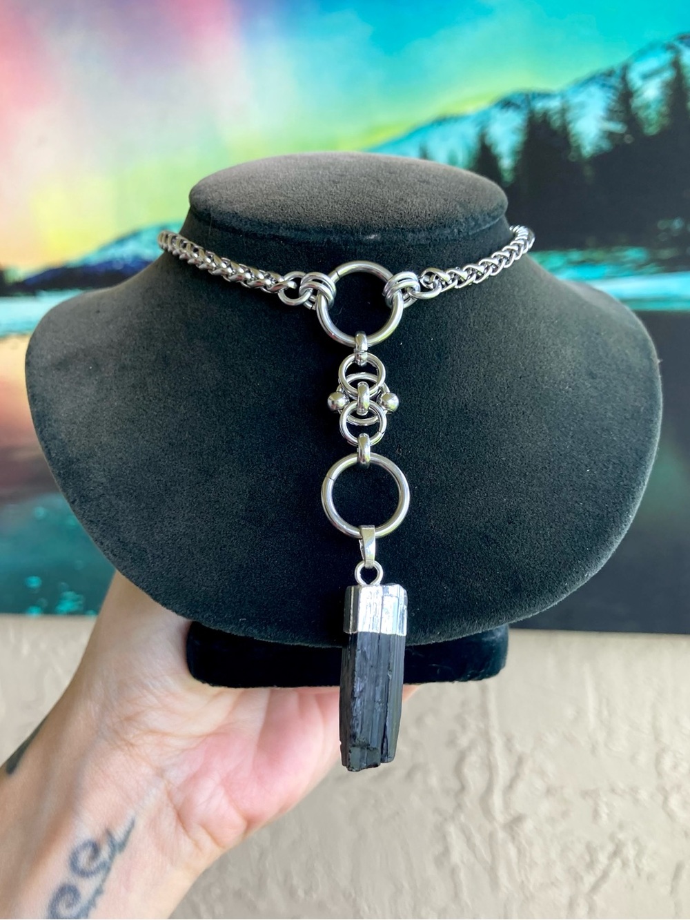 Black tourmalines charm on stainless steel maille celtic knot lariat Y necklace.